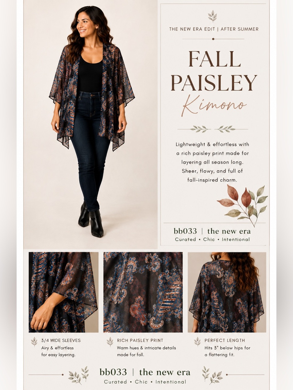 Sheer Paisley Kimono Cardigan Blue Rust Open Front Boho Layering | L